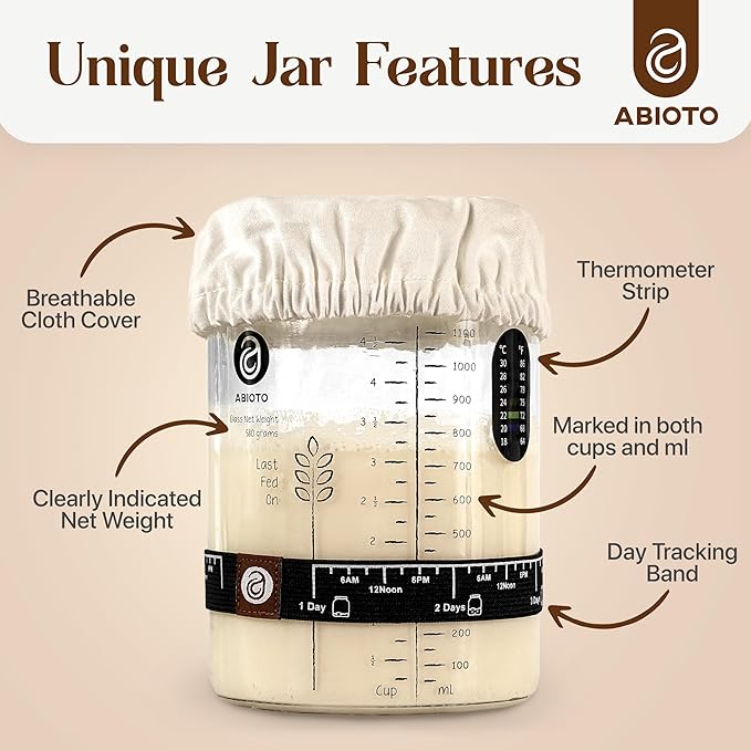 Sourdough Starter Kit with 40 oz Glass Jar ??Extra Thermometer Strips and Breathable Covers