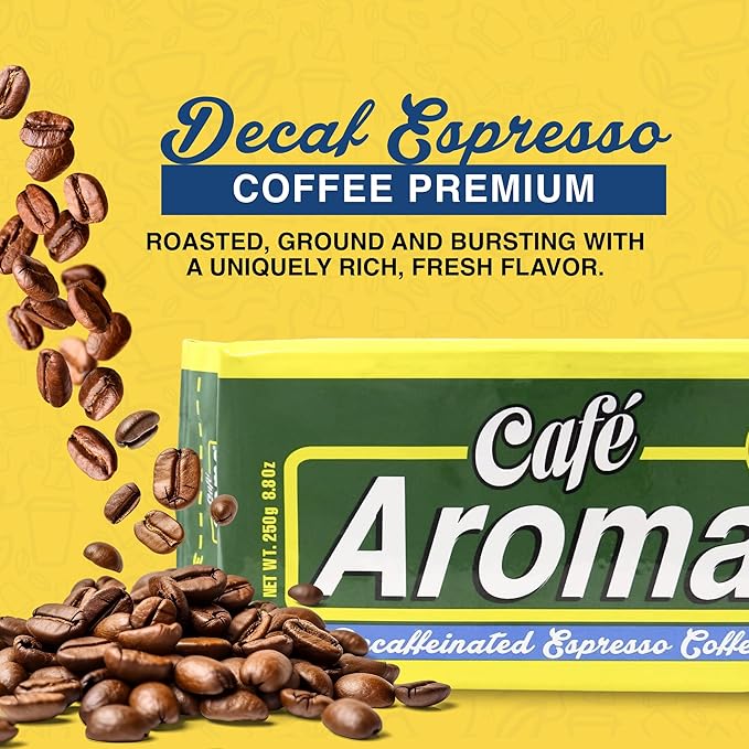 Café Aroma Decaf Dark Roast Espresso Ground Coffee, Authentic Cuban Style Coffee, Vacuum Sealed
