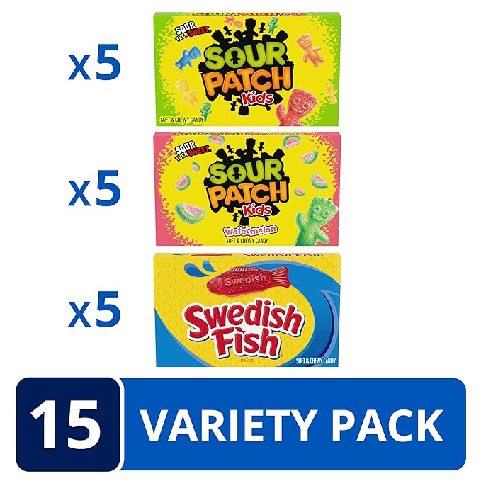 SOUR PATCH KIDS and SWEDISH FISH Soft & Chewy Candy Variety Pack, Bulk Candy, 15 Boxes