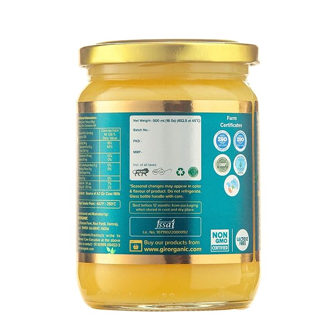 GirOrganic Grass Fed A2 Ghee | Clarified Butter (16 Oz) - Unsalted Gir Cow Ghee Butter - Organic