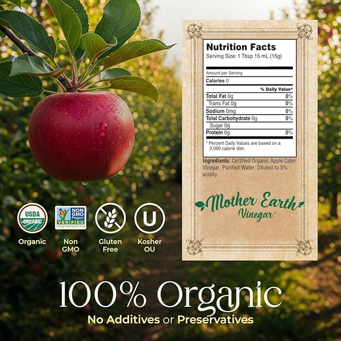 Mother Earth, Organic Apple Cider Vinegar with The Mother, Half Gallon, Fresh Pressed Organic