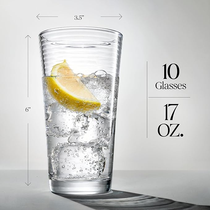 Glaver's Drinking Glasses Set of 10 Highball Glass Cups, Premium Quality 17 Oz. Coolers, Ribbed