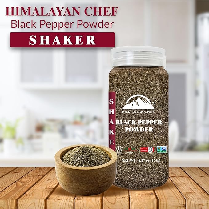 Himalayan Chef Organic Black Pepper Powder Shaker - 6.17Oz (175g), Free from Artificial Colors &