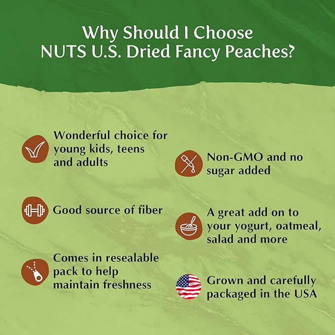 NUTS U.S. - Dried Fancy Peaches | Natural Snack | Fruity Aroma| No Added Sugar and Non GMO | Vegan