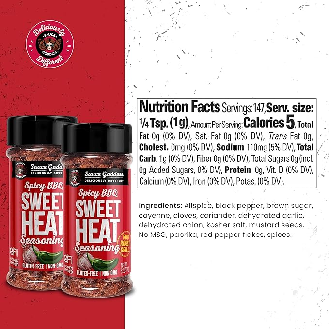 Sauce Goddess BBQ Sweet Heat Spice Shaker (2-Pack) - BBQ Rub with Brown Sugar and Has a Nice Garlic