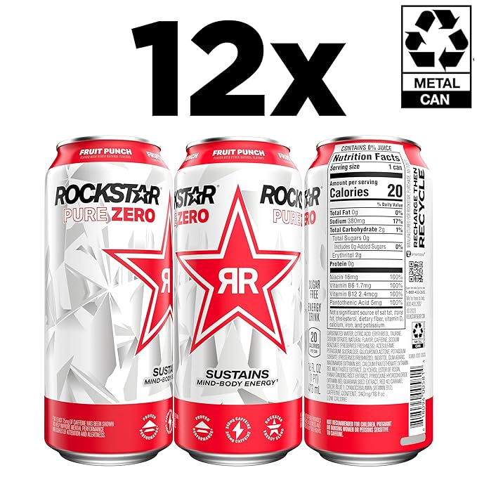 Rockstar Pure Zero Energy Drink, Fruit Punch, 0 Sugar, with Caffeine and Taurine, 16oz Cans (12