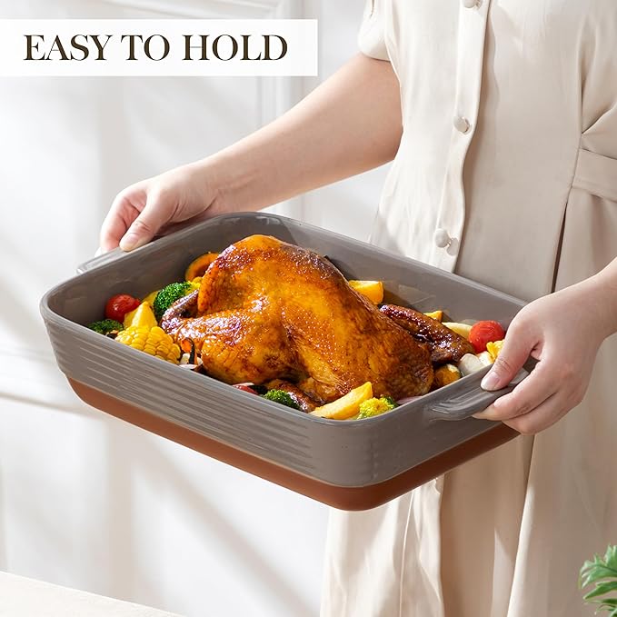 MALACASA 4.8 Qt Lasagne Dishes for Oven, 9 x 13 Inches Brown Ceramic Oven Dish with Handles, Deep