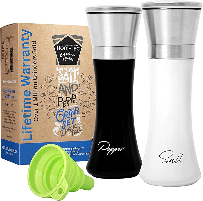 HOME EC Stainless Steel Salt and Pepper Grinder Set of 2 - Adjustable Ceramic Sea Salt Grinder &