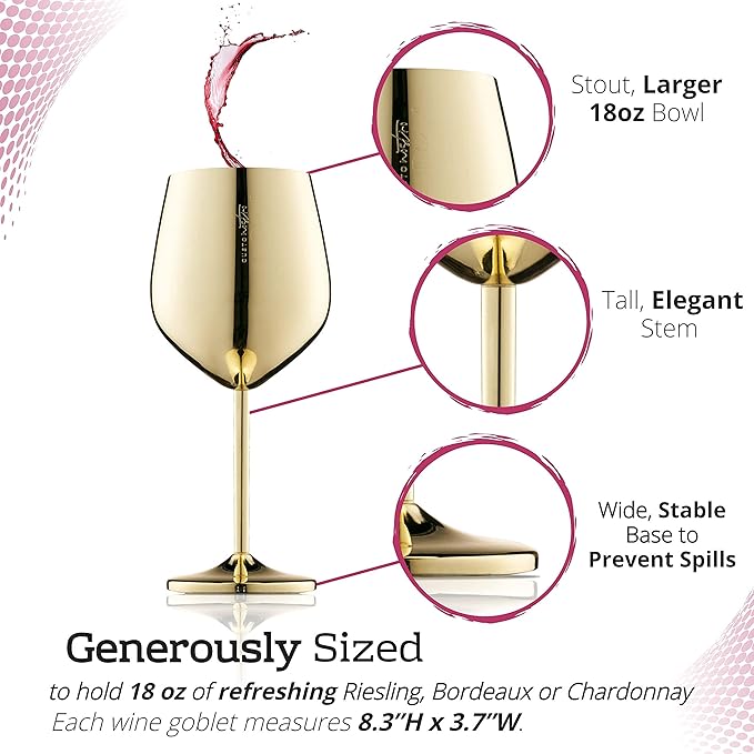 Gusto Nostro Stainless Steel Wine Glass - 18 oz Unbreakable Gold Wine Glasses for Travel, Camping