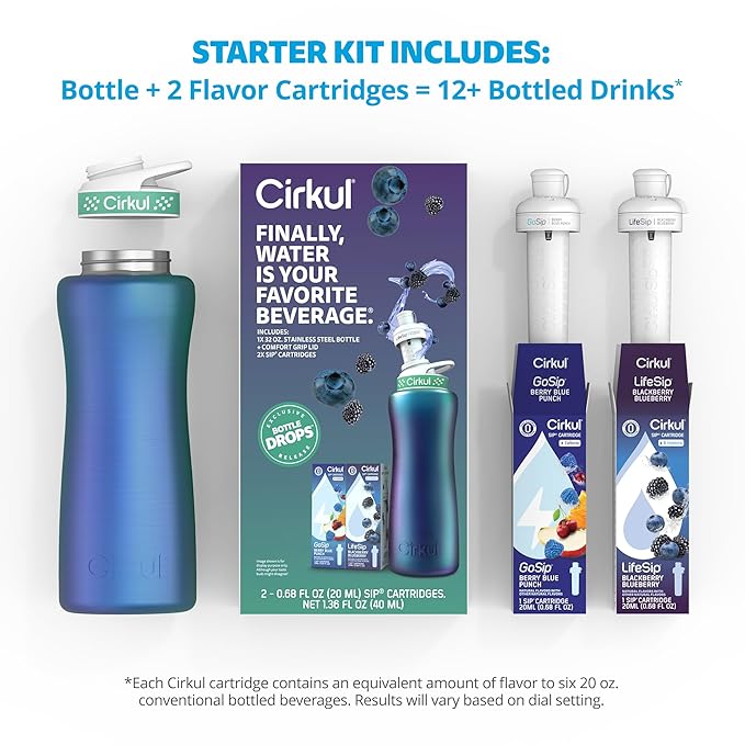 Cirkul 32oz. Chameleon Stainless Steel Water Bottle Starter Kit with Green Lid, 2 Flavor Cartridges