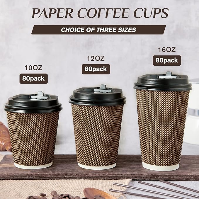 LITOPAK 80 Pack 12 oz Paper Coffee Cups, Insulated Ripple Wall Hot Coffee Cups with Lid and Straws
