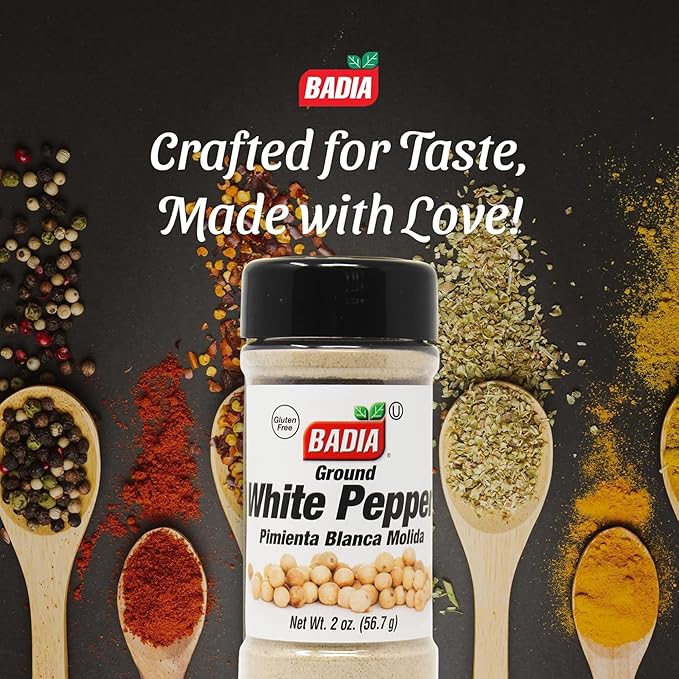 Badia Ground White Pepper, 2 oz ??Smooth, Mellow Heat and Delicate Flavor for Light Sauces, Soups