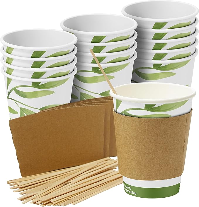50Pk of 12Oz Recyclable Hot Drink Cups Wood Stirrers and Cardboard Coffee Sleeves. Biodegradable