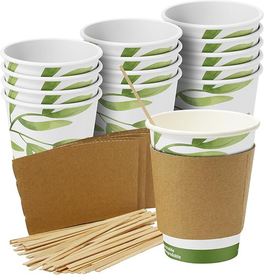 50Pk of 12Oz Recyclable Hot Drink Cups Wood Stirrers and Cardboard Coffee Sleeves. Biodegradable