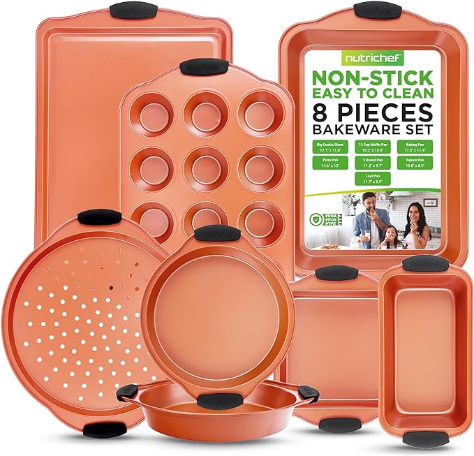 NutriChef 8 Piece Baking Pans Set - Nonstick Carbon Steel Bakeware Set w/ Silicone Heat-Safe