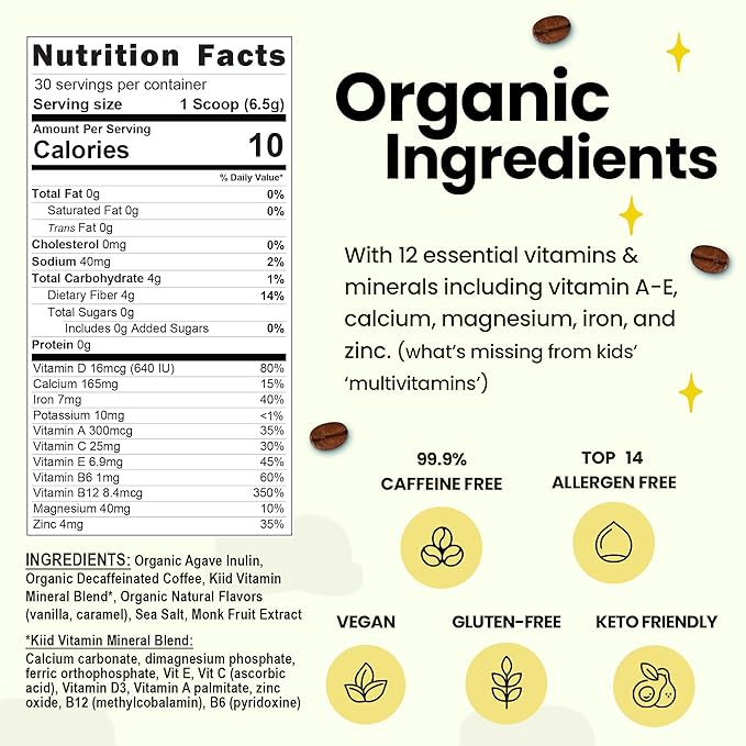 Kiid Coffee - 99.9% Caffeine-Free Organic Coffee for Kids - As Seen on Shark Tank - 12 Vitamins &