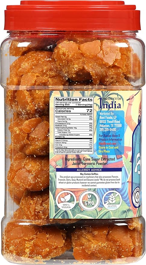 Rani Haldi Gur (Turmeric with Indian Jaggery) Indian Unrefined Raw Cane Sugar 70oz (4.4lbs) 2kg PET