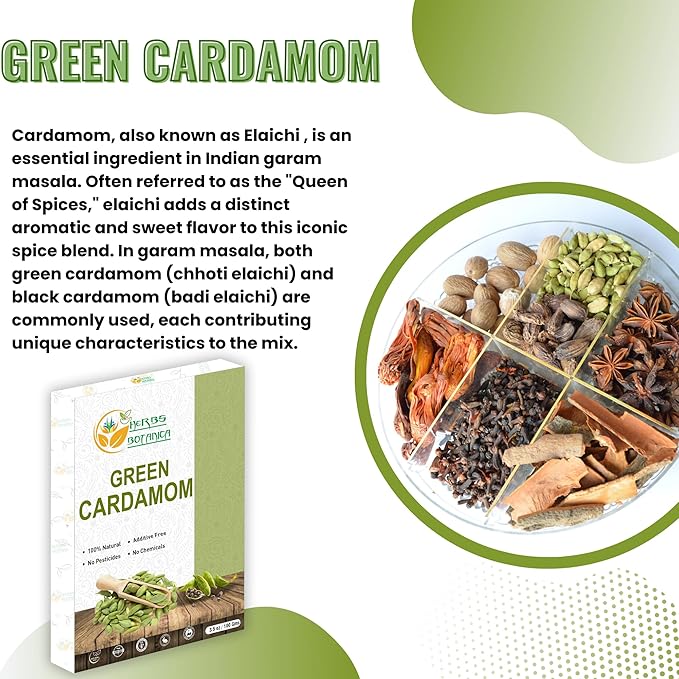 Herbs Botanica Green Cardamom Pods Whole 7-8mm size Elaichi for Culinary Delights and Aromatic