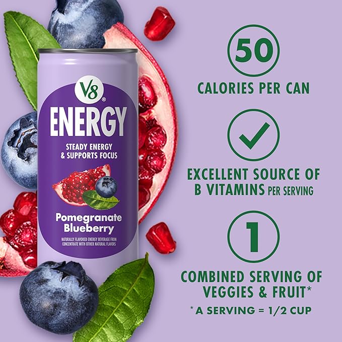 V8 Energy Pomegranate Blueberry and Peach Mango Energy Drinks, 8 fl oz Can (24 Pack)