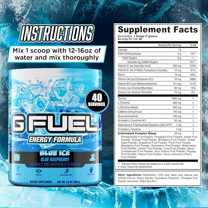 G Fuel Blue Ice Energy Drink Powder, Pre Workout Caffeine Mix for Gaming, Sugar Free Focus Amino