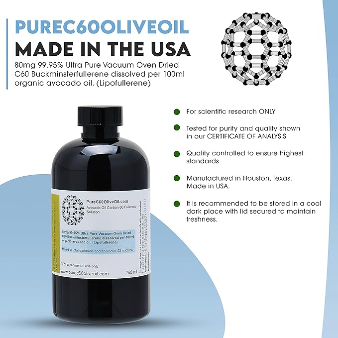 PureC60OliveOil C60 Organic Avocado Oil 250ml / 8.5 Fl Oz - 99.95% Carbon 60 Solvent Free 200mg