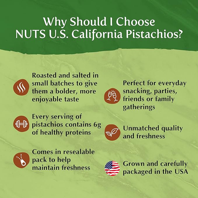 NUTS U.S. ??California Pistachios | Roasted & Salted | No Wax, No Added Color or Flavor | NON-GMO