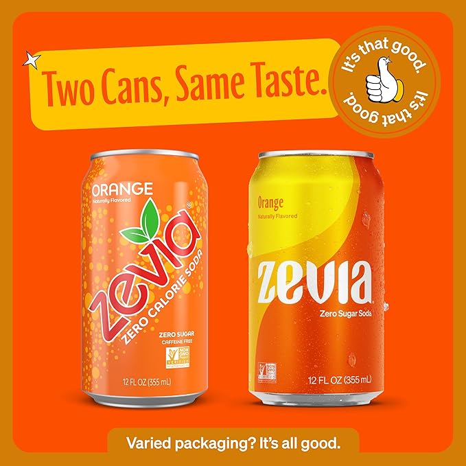 Zevia Zero Sugar Soda, Orange, 12 oz Cans (8-Pack) ??Naturally Sweetened, Non-GMO Project Verified