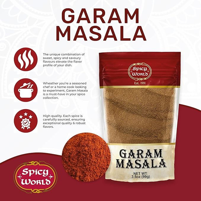 Spicy World Garam Masala Powder 3.5 Oz | Salt Free, Vegan | Indian Origin | Garam Masala Spice