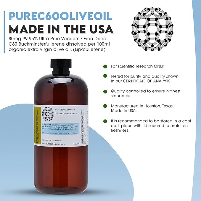 PureC60OliveOil C60 Organic Olive Oil 500ml / 16.9 Fl Oz - 99.95% Carbon 60 Solvent Free 400mg