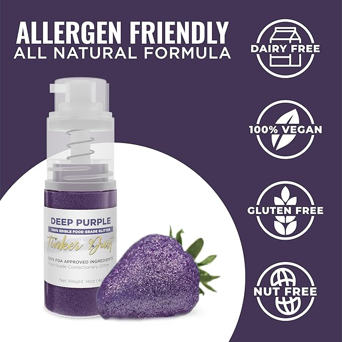 Bakell - Deep Purple Tinker Dust (4g, 1x Mini Spray Pump) Edible Glitter for Food, Desserts, and
