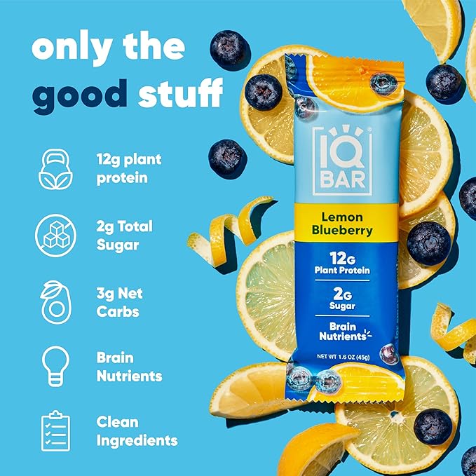 IQBAR Brain and Body Plant Protein Bars - Lemon Blueberry - 24-Count Low Carb - Gluten Free, High