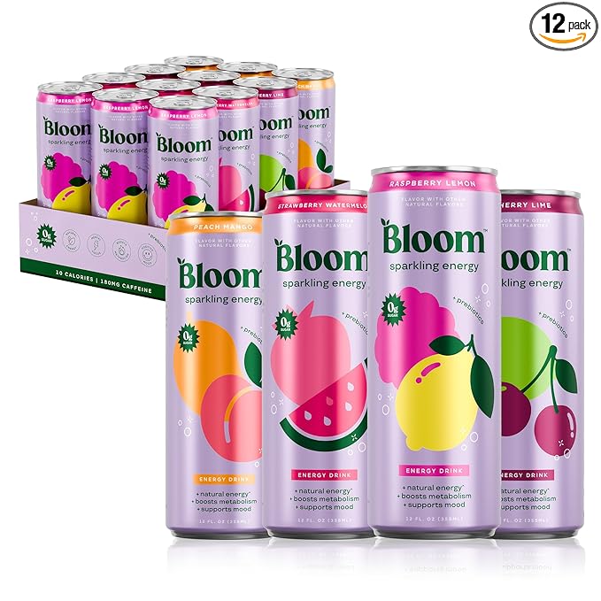 Bloom Nutrition Sparkling Energy Drink - Variety Pack - Natural Caffeine, Zero Sugar, 180mg