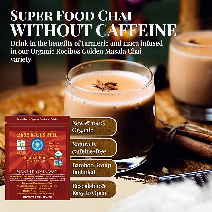 Blue Lotus Chai - Golden Rooibos Flavor Masala Chai - Makes 17 Cups - 0.5 Ounce Masala Spiced Chai