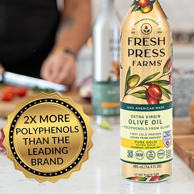 Fresh Press Farms Cold Pressed High Polyphenol Pure Gold Extra Virgin Olive Oil, 16.4 Fl Oz (Pack