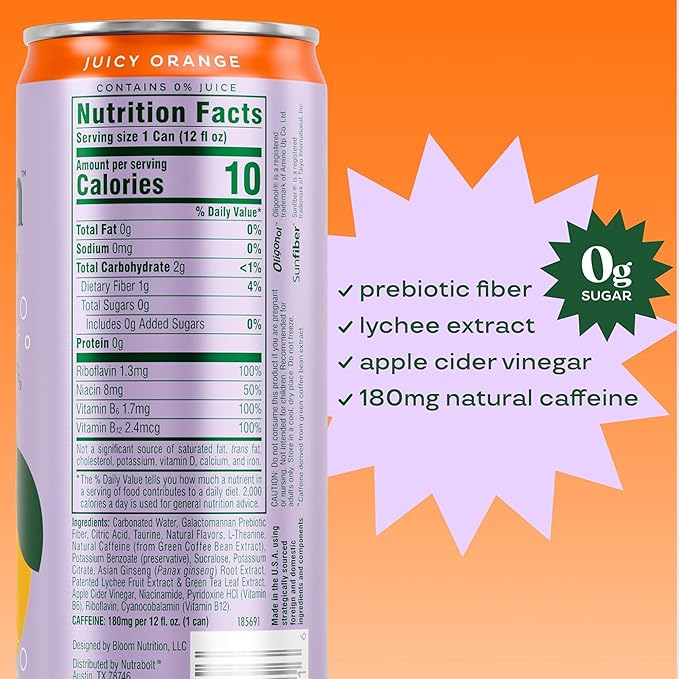 Bloom Nutrition Sparkling Energy Drink - Natural Caffeine, Zero Sugar, 180mg Caffeine