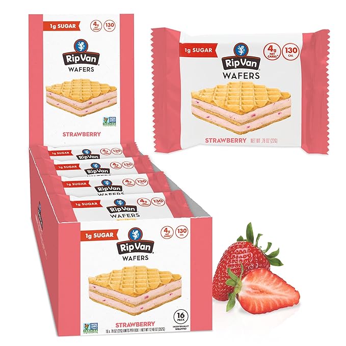 Rip Van Strawberry Keto Wafer Cookies - Healthy Vegan Snacks - Non GMO, Low Sugar (1g), Low Calorie