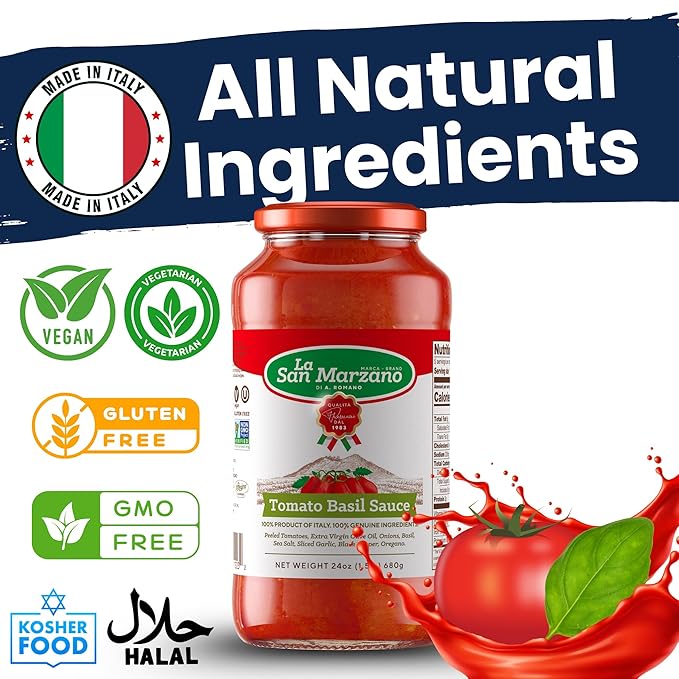 La San Marzano Tomato Basil Sauce, 24 oz, Pasta Sauce Made in Italy, All Purpose Tomato Premium