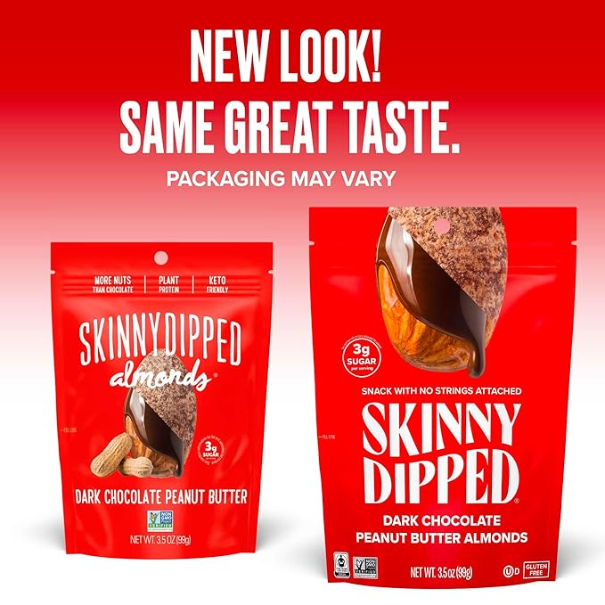 SkinnyDipped Dark Chocolate Peanut Butter Almonds, Healthy Snack, Plant Protein, Gluten Free, 3.5