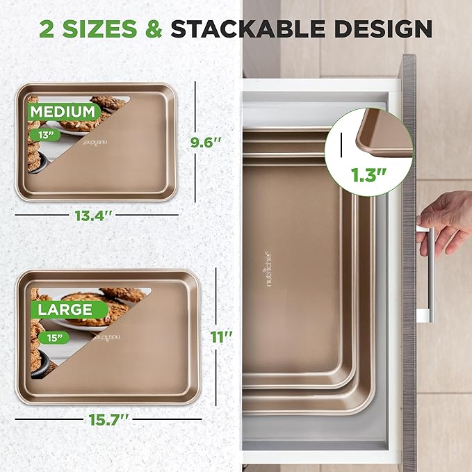 NutriChef Non Toxic Baking Pan, Medium and Large Cookie Sheets, Premium Nonstick Carbon Steel