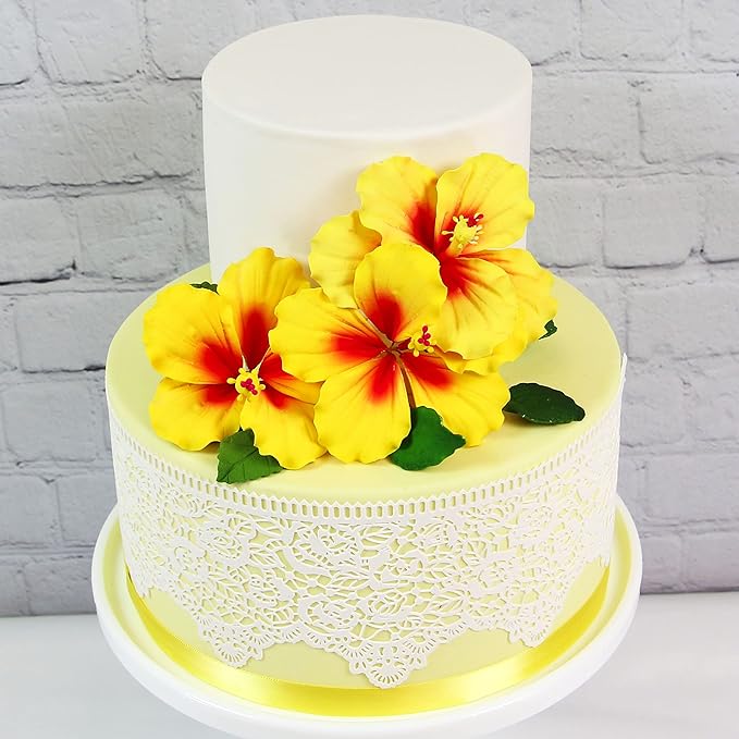 Global Sugar Art Hibiscus Sugar Cake Flowers, Yellow with Red, 3 Count with Leaves by Chef Alan