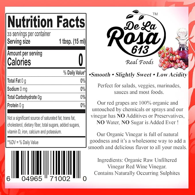 De La Rosa Organic Red & White Wine Vinegar, Raw & Unfiltered, with the “Mother”, Kosher for