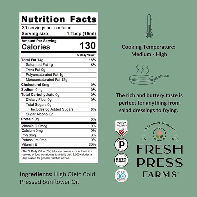Fresh Press Farms Cold Pressed Extra Virgin Sunflower Oil, 16.4 Fl Oz (Pack of 2), High Oleic