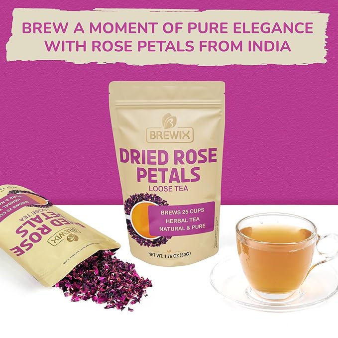 BREWIX, Pure Dried Rose Petals Loose Tea (25+ Cups,1.76oz/50g) Edible Flowers for