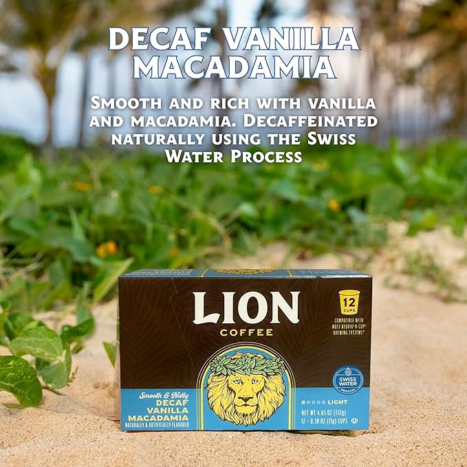 Lion Coffee Swiss Water DECAF Vanilla Macadamia Medium Roast Coffee Pods - Single-Serve Pods