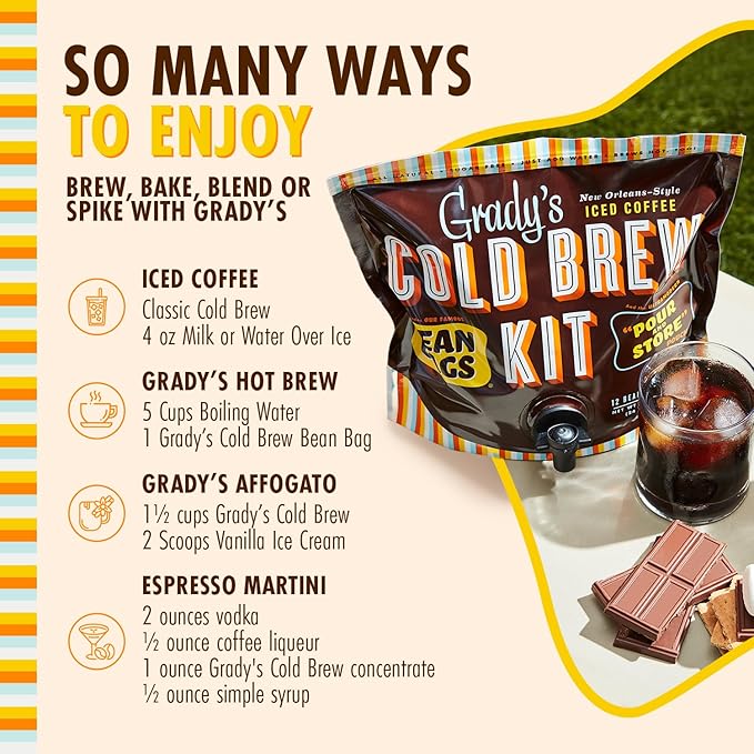 GRADY’S COLD BREW, New Orleans Style, 100% Arabica Ground Coffee & Chicory Pouches, 2 All-in-One