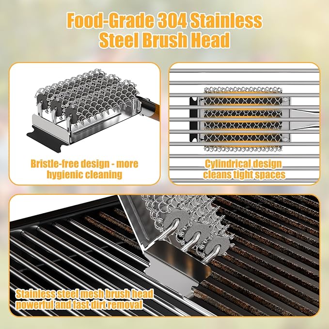 HOUSE AGAIN Grill Brush Bristle Free, 304 Stainless Steel Food-Grade Brush Head with Scraper, Safe