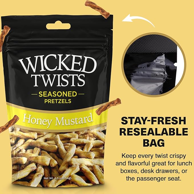 Wicked Twists Honey Mustard Seasoned Pretzels Twists 5.5 oz (3 Pack) Snack Pretzel Sticks Rods