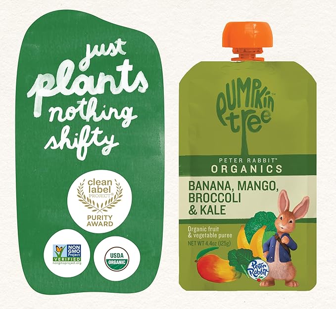 Pumpkin Tree Peter Rabbit Organics, Banana, Mango, and Kale, 4 Squeeze Pouch, Mango, Broccoli &