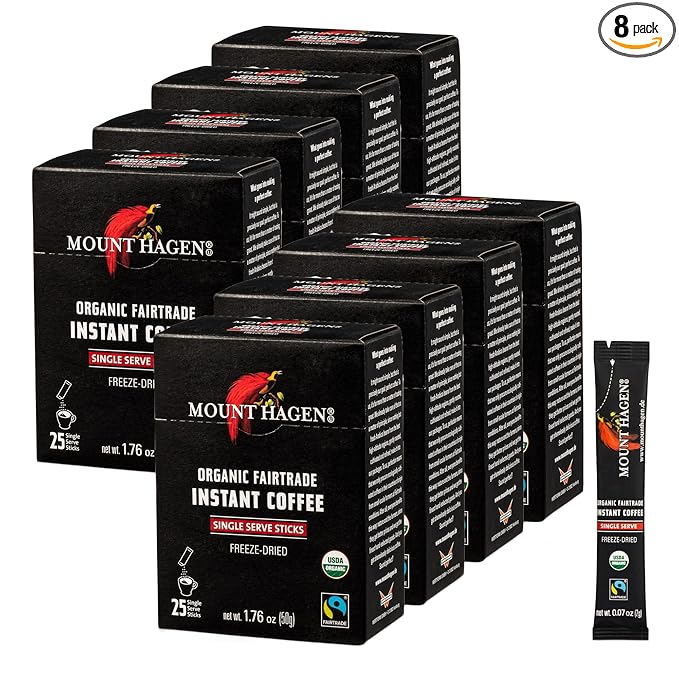 Mount Hagen 25 Count Single Serve Instant Coffee Packets - 8 Pack | Organic Medium Roast Arabica