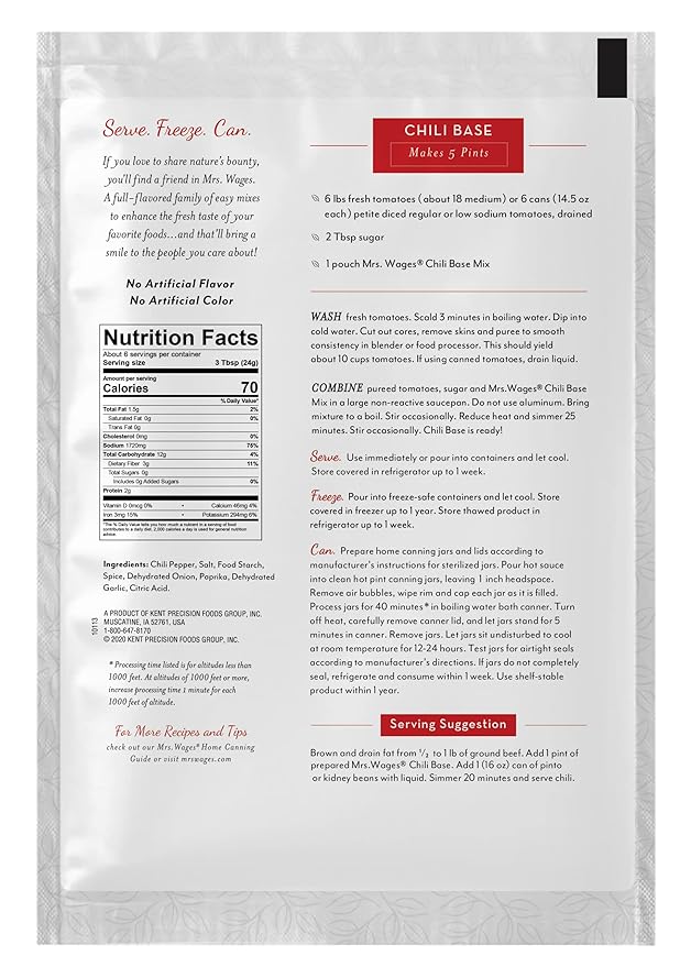 Mrs. Wages Chili Base Canning Mix | Easy-To-Use | Simple Homemade Chili | Great Flavor | Easy To